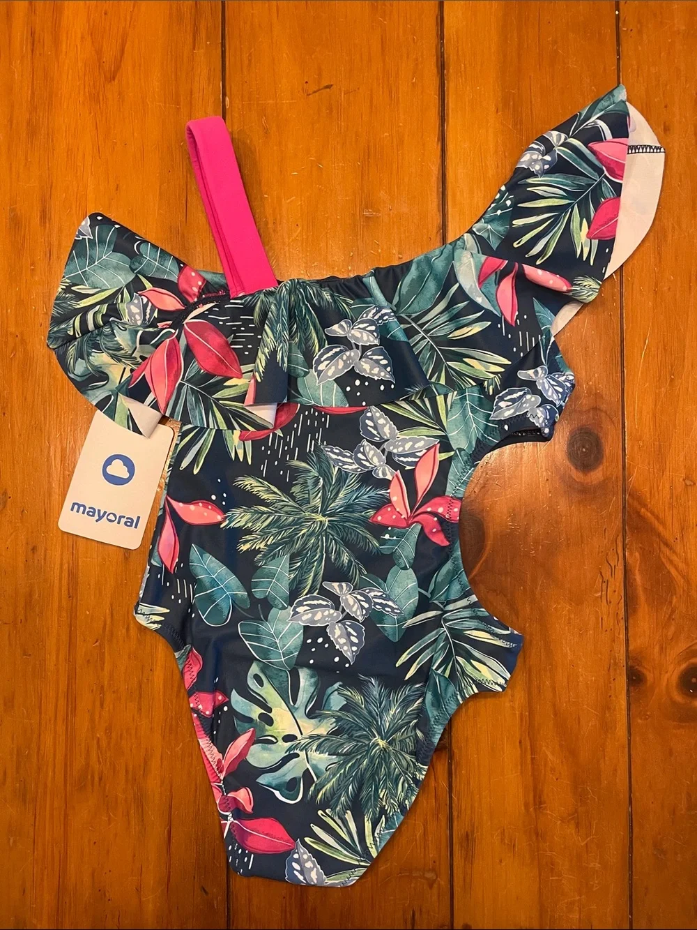 Mayoral Navy Tropical One-Piece Swimsuit with Pink Strap